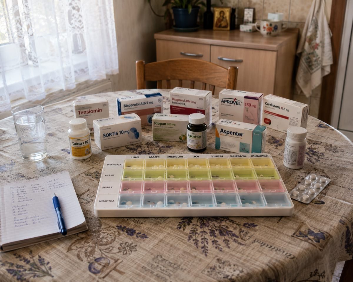 Cutii de medicamente și un organizator săptămânal pe masa din bucătărie